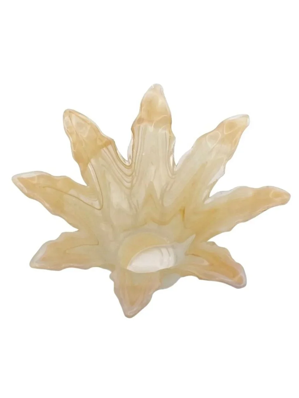 Palm Leaf Glass Candle Holder Vase Translucent Yellow Cream Swirl Vintage Art